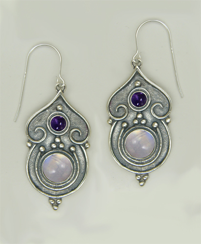 Sterling Silver Gothic Inspired Drop Dangle Earrings With Rainbow Moonstone And Iolite